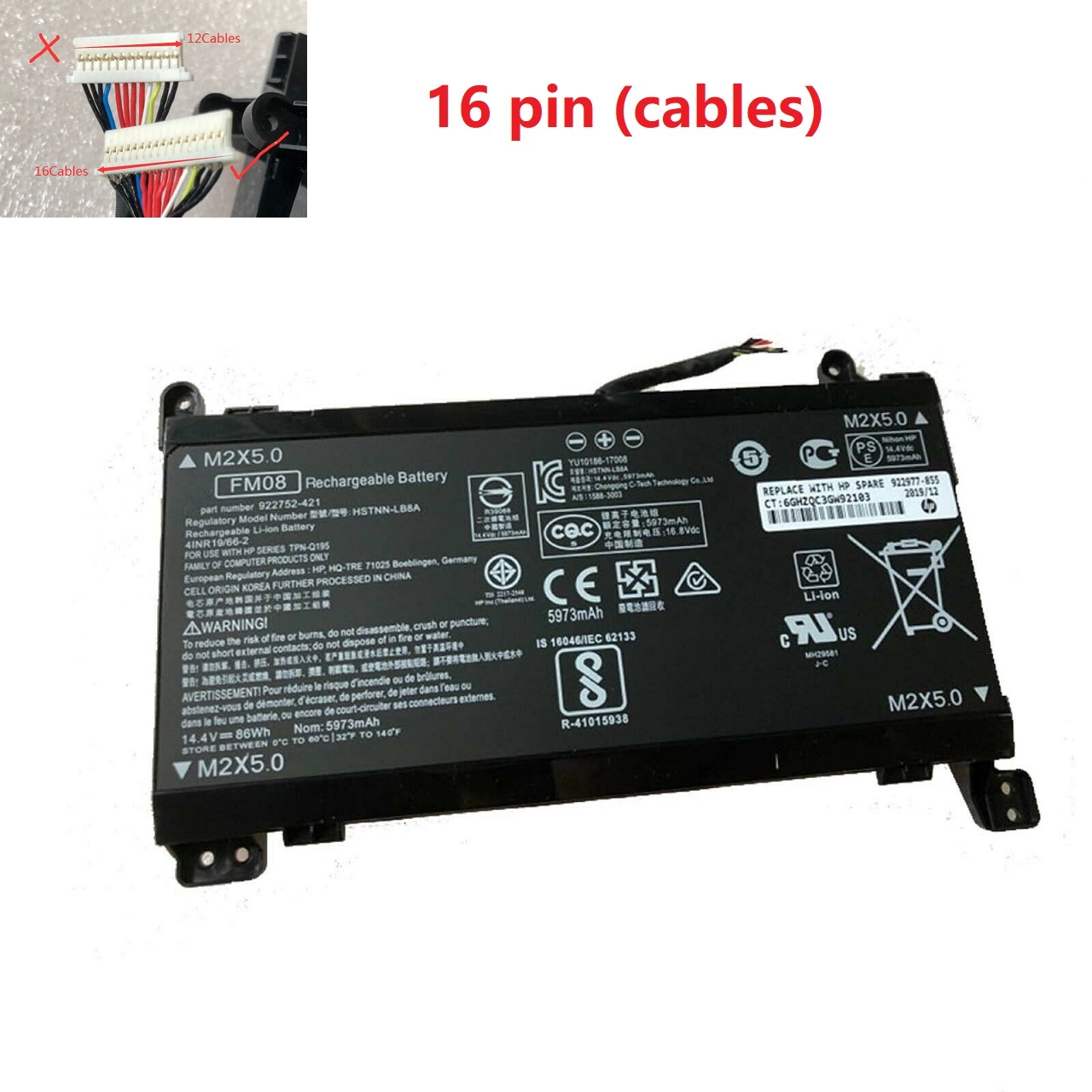 16 Cables FM08 HP 922752-421, 922753-421, 922976-855, 922977-855 compatible battery